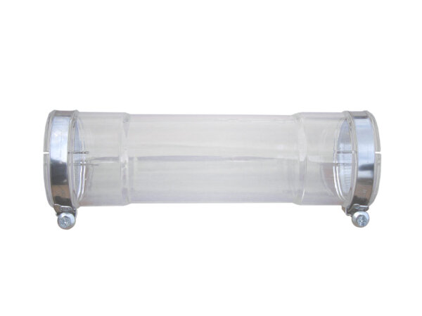 Kontrollrohr, komplett transparent, Ø 60 mm, mit inneren Rohranschlägen, inkl. 2 Stk.; Schlauchschellen, V2A (AISI 304), zur Befestigung, Spannbreite 50 - 70 mm